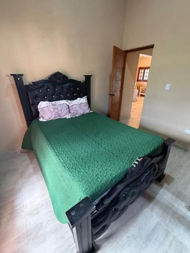 a black bed with a green comforter in a room at Villa Pincho in Constanza