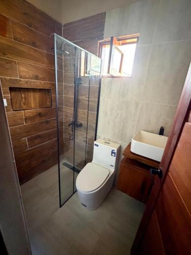 a bathroom with a toilet and a glass shower at Villa Pincho in Constanza