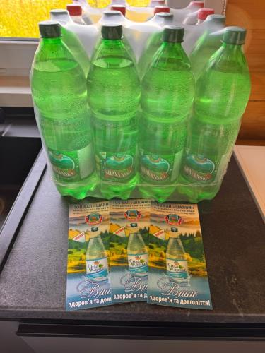 a group of bottles of water sitting on top of a refrigerator at Mountain View in Vyshkove