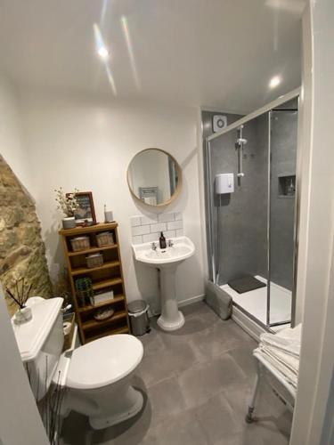 a bathroom with a toilet and a sink and a shower at The Rest-Well Lodge in Sherborne