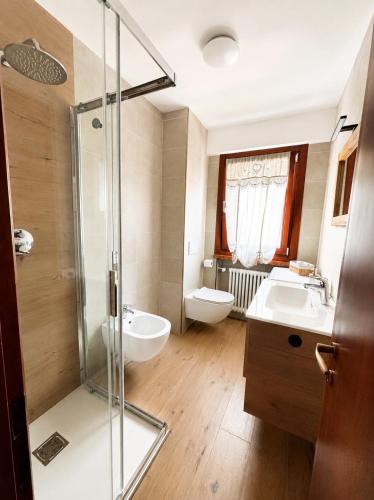 a bathroom with a shower and a sink and a toilet at Appartamento Italia in Alleghe