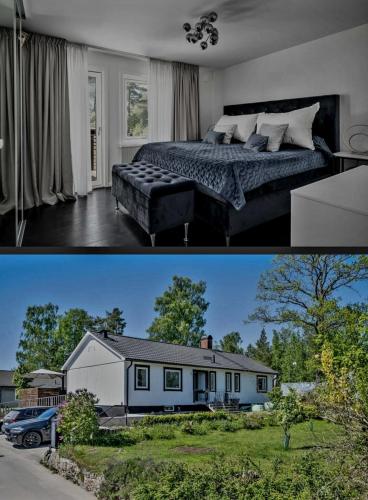 two pictures of a bedroom and a house at Scandinavian Villa in Ösmo