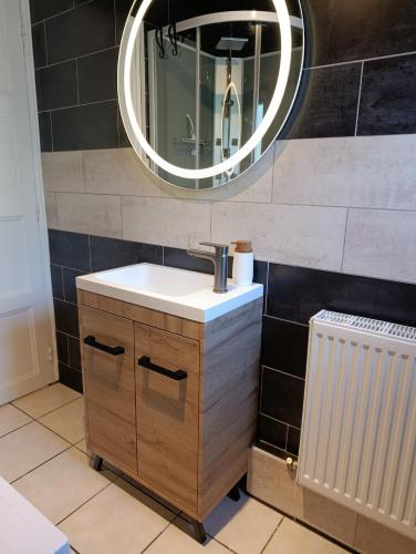 a bathroom with a sink and a mirror at La petite maison secrète in Abbeville