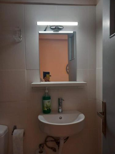 a bathroom with a sink and a mirror at Modern flat in town center! in Kiaton