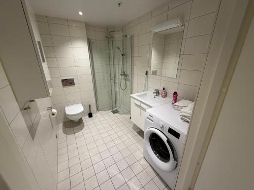 a bathroom with a washing machine and a toilet at Spacious Retreat in Oslo