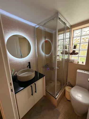 ein Badezimmer mit Waschbecken und Dusche mit Spiegel in der Unterkunft Emily's House in Xylokastro