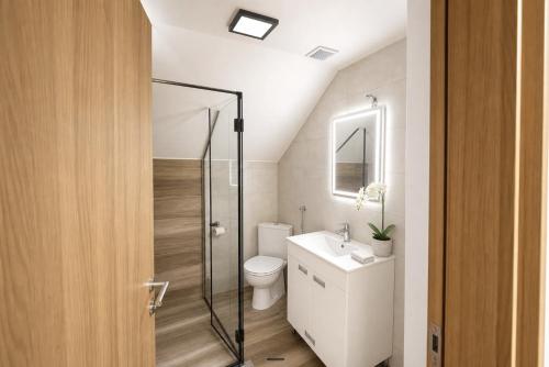 a bathroom with a toilet and a glass shower at Apartmani Resimic in Ivanjica