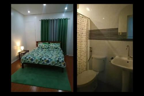 two pictures of a bedroom with a bed and a bathroom at Casa Estela in Binangonan