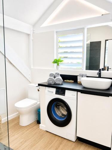 a washing machine in a bathroom with a toilet at Studio Coconut in Baie Nettle