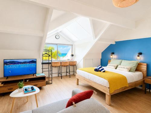 a bedroom with a king sized bed and a tv at Studio Coconut in Baie Nettle