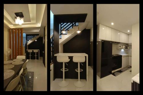 three different views of a kitchen and a counter in a room at Casa Estela in Binangonan