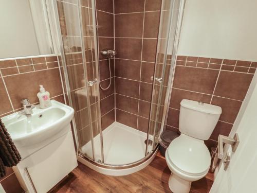 un bagno con doccia, WC e lavandino di Willows Lodge a Windermere