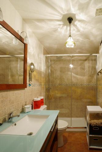 a bathroom with a sink and a toilet and a shower at APARTAMENTO RURAL ABUELO EMILIO in Tornavacas