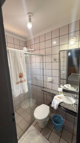 a bathroom with a toilet and a sink and a mirror at Nobrezafiori Diroma FIORI taxas de Roupas de Cama Banho e taxas do hotel valor a pagar na recepcao do hotel OBS MENOR DE 18 anos desacompanhado dos pais tem que ter autorizacao com RECONHECIMENTO de firma no cartório in Caldas Novas