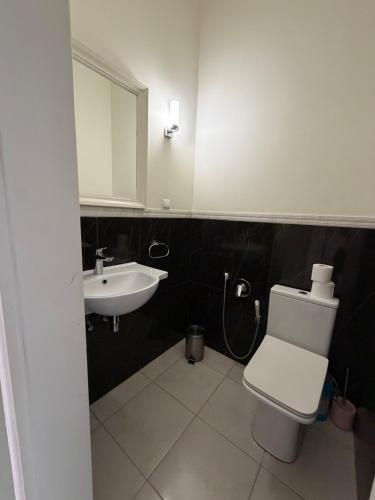 a bathroom with a white toilet and a sink at Historical space in Lviv