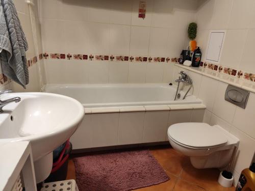 a bathroom with a tub and a toilet and a sink at Bogusławskiego 18 in Warsaw