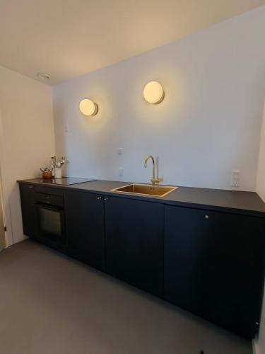 a kitchen with a sink and a counter top at Sea view Ella - Hejlsminde Badehotel in Hejlsminde