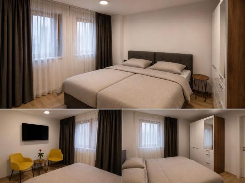 two pictures of a bedroom with a bed and a tv at Rooms Aura Kanal in Kanal