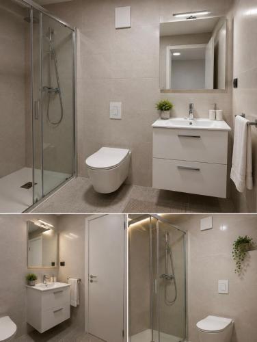 a bathroom with a toilet and a sink and a shower at Rooms Aura Kanal in Kanal