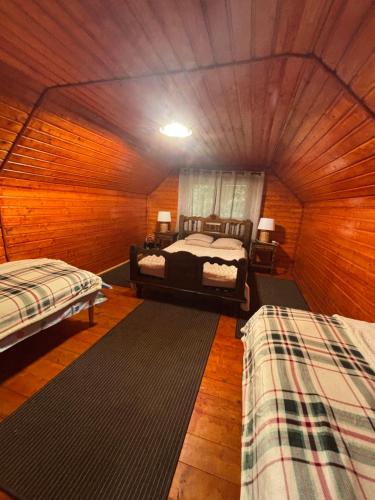 a room with two beds in a log cabin at Cabana Patru Anotimpuri in Rîmeţi