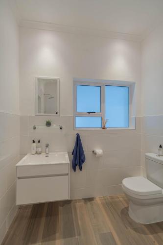 a white bathroom with a toilet and a sink at theLAB BLUE in Franschhoek