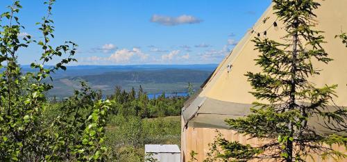 a close up of a tent in the trees at Tipi Mountain Camp in Sorsele
