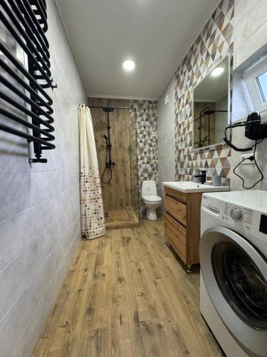 a bathroom with a washing machine and a toilet at Grey House in Vorokhta