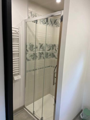 a shower with a glass door in a bathroom at L'erable in Montlay-en-Auxois