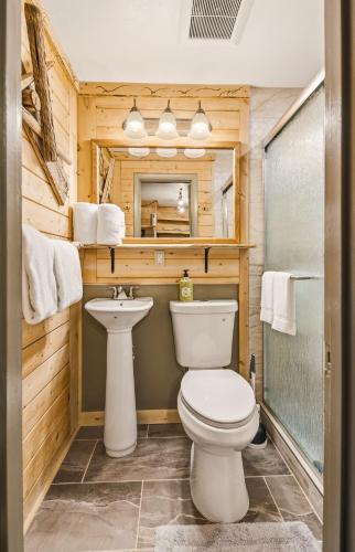 a bathroom with a toilet and a sink at Basecamp 2 at the Cedaredge Lodge in Cedaredge