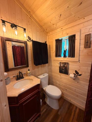 a bathroom with a toilet and a sink in a cabin at Big Bear Log cabin in Cosby