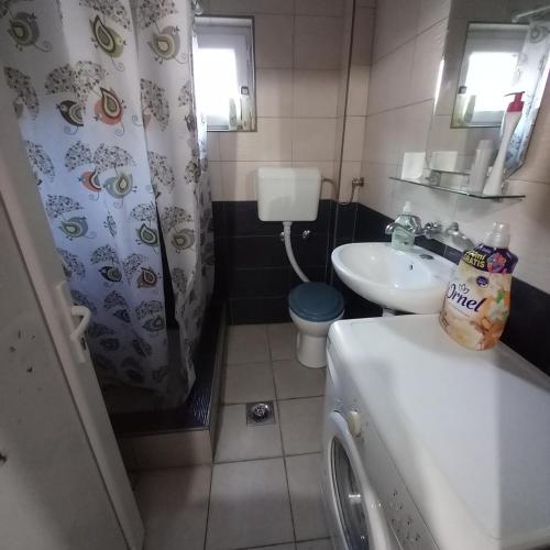 a small bathroom with a sink and a toilet at Sky 2 Petrovac in Babalonija