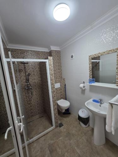 a bathroom with a shower and a toilet and a sink at Vila Madi in Vama Veche