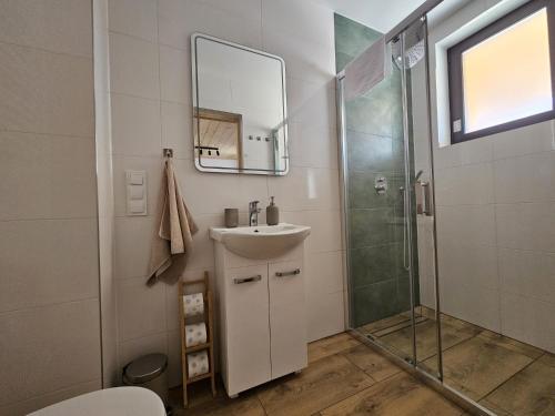 a bathroom with a sink and a shower at Tatrzańska Osada 2 - Domki przy stoku narciarskim w Białce Tatrzańskiej in Białka Tatrzańska