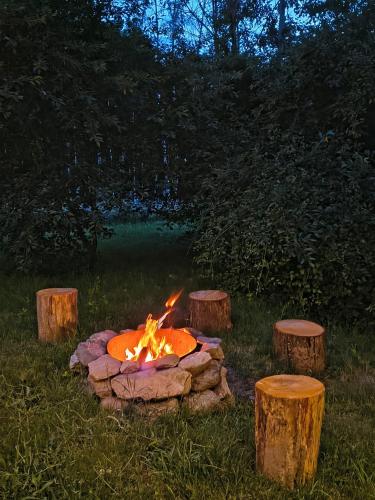 a fire pit in the grass with logs around it at Вила Хармония Harmony Cottage in Kyustendil