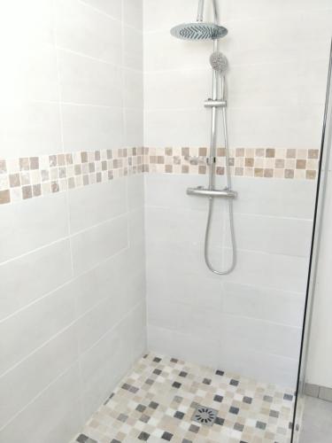 a shower with a shower head in a bathroom at L' Eminence in Clécy