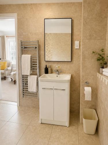 a bathroom with a white sink and a mirror at The Raven Suites in Much Wenlock