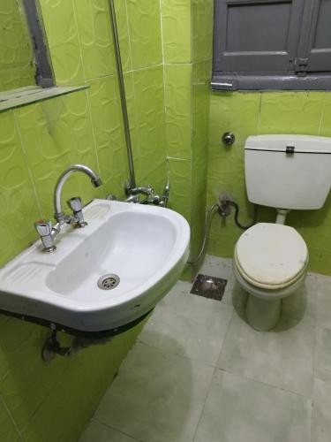 a green bathroom with a toilet and a sink at Grand Backpackers Hostel Luxor in Luxor