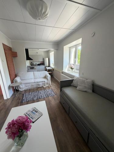 a living room with a couch and a table at Otepää city view apartment in Otepää