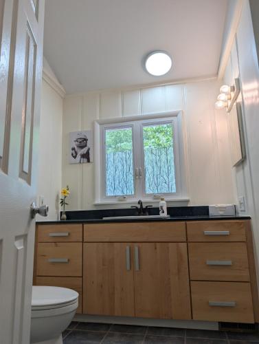 a bathroom with a toilet and a sink and a window at Otterspace at the beach in Shady Side