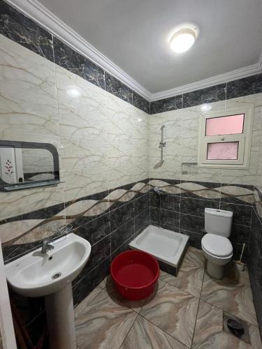 a bathroom with a white toilet and a sink at شالية غرفتين بقرية ديمورا in Dawwār Muḩammad Abū Shunaynah