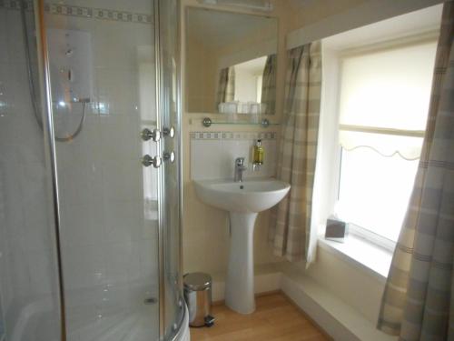 a bathroom with a sink and a shower at The Robertson Arms Hotel in Carnwath