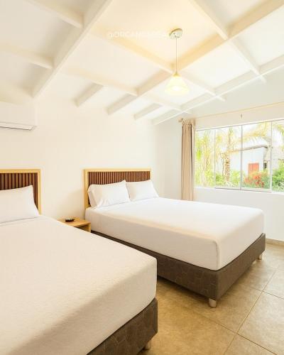 two beds in a room with a window at ÓRGANOS BEACH bungalows & suites in Los Órganos