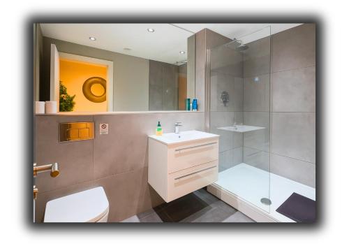 a bathroom with a shower and a sink and a toilet at The Vault Liverpool City Centre sleeps 4 in Liverpool