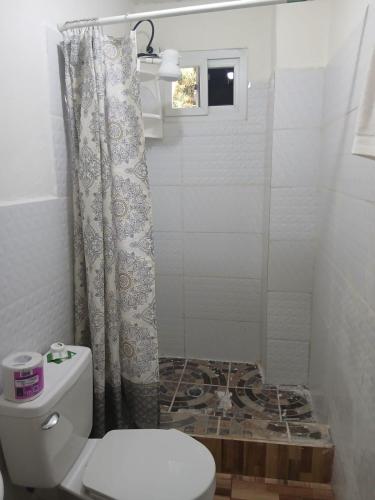 a bathroom with a toilet and a shower at Casa Miramar Tx in Trujillo
