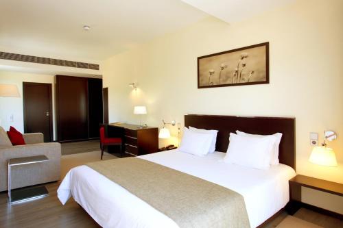Cette chambre comprend un grand lit et un bureau. dans l'établissement Hotel Sao Pedro, à Arouca