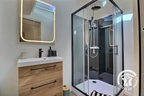 a bathroom with a sink and a shower at Le moulin de la chicane in Orgères