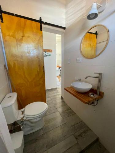 a bathroom with a toilet and a sink and a mirror at Templanza in Villa Yacanto