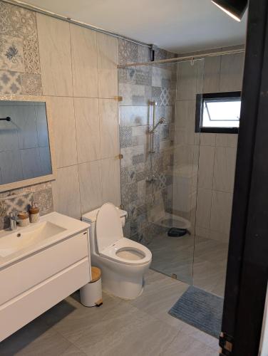 a bathroom with a toilet and a shower and a sink at Loei Valley Farm Stay in Wang Saphung