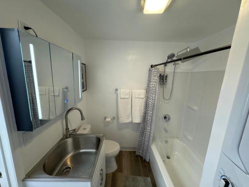 a bathroom with a sink and a toilet and a shower at Anchorage Fireoved Experience in Anchorage