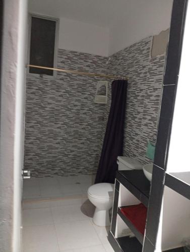 a bathroom with a shower with a toilet and a sink at Comfortable suite-style studio apartment to rest in Flandes